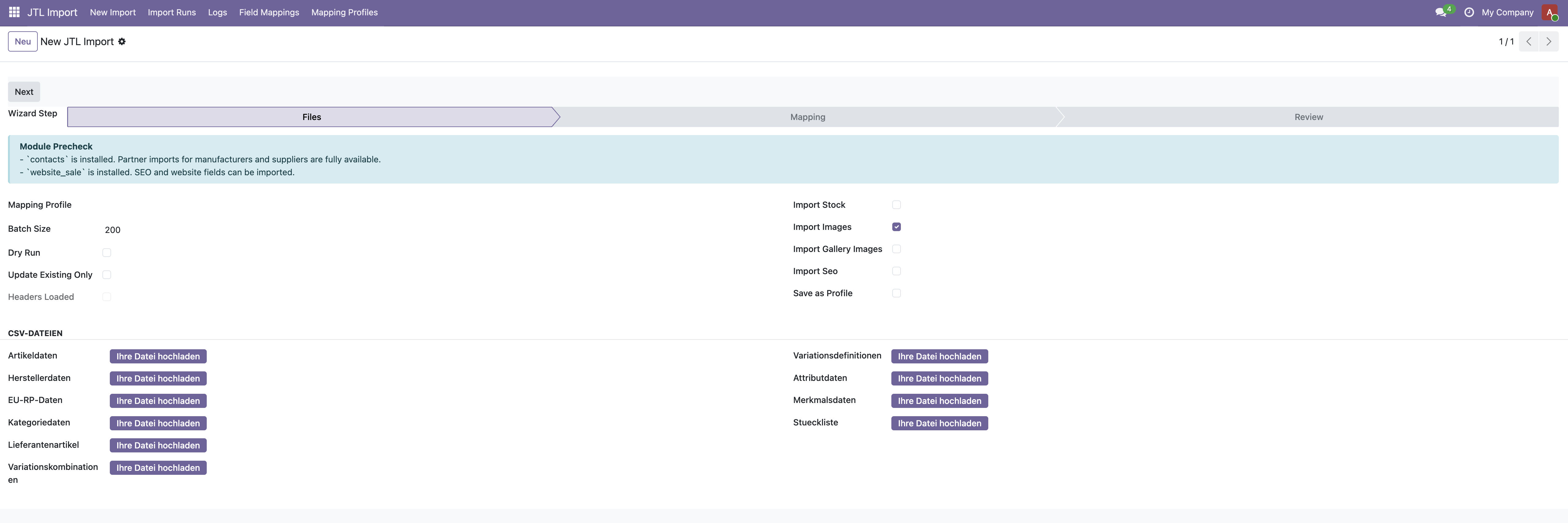 JTL Import Wizard — Files / Mapping / Review